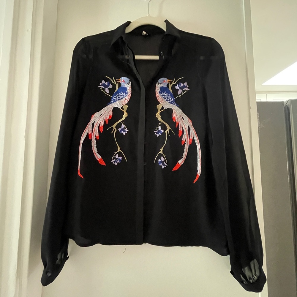 Topshop Black Blouse with Embroidered Birds